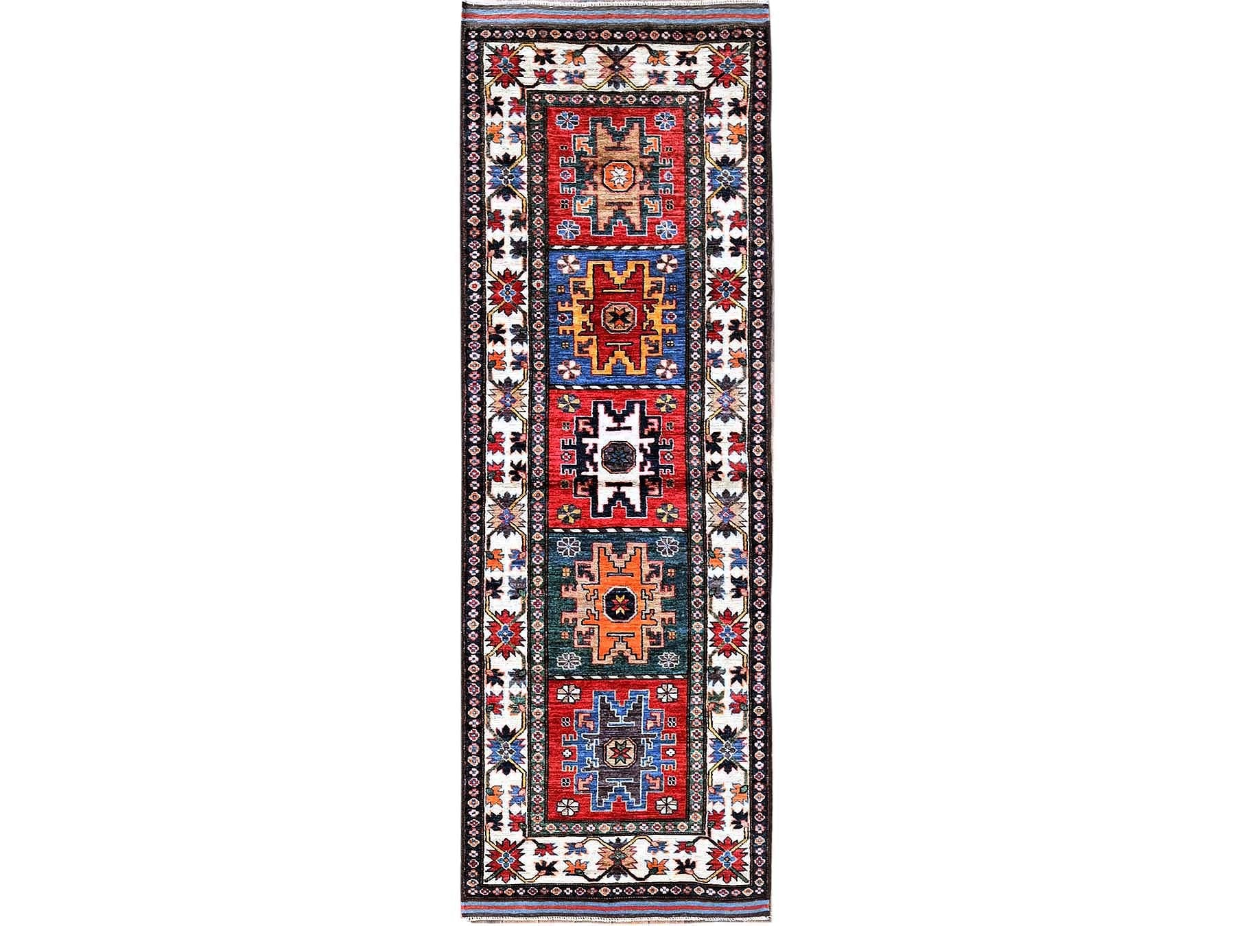 Ersari Kazak hand-knotted wool runner in Red & Ivory, 2'8" x 7'7" — SKU O0617