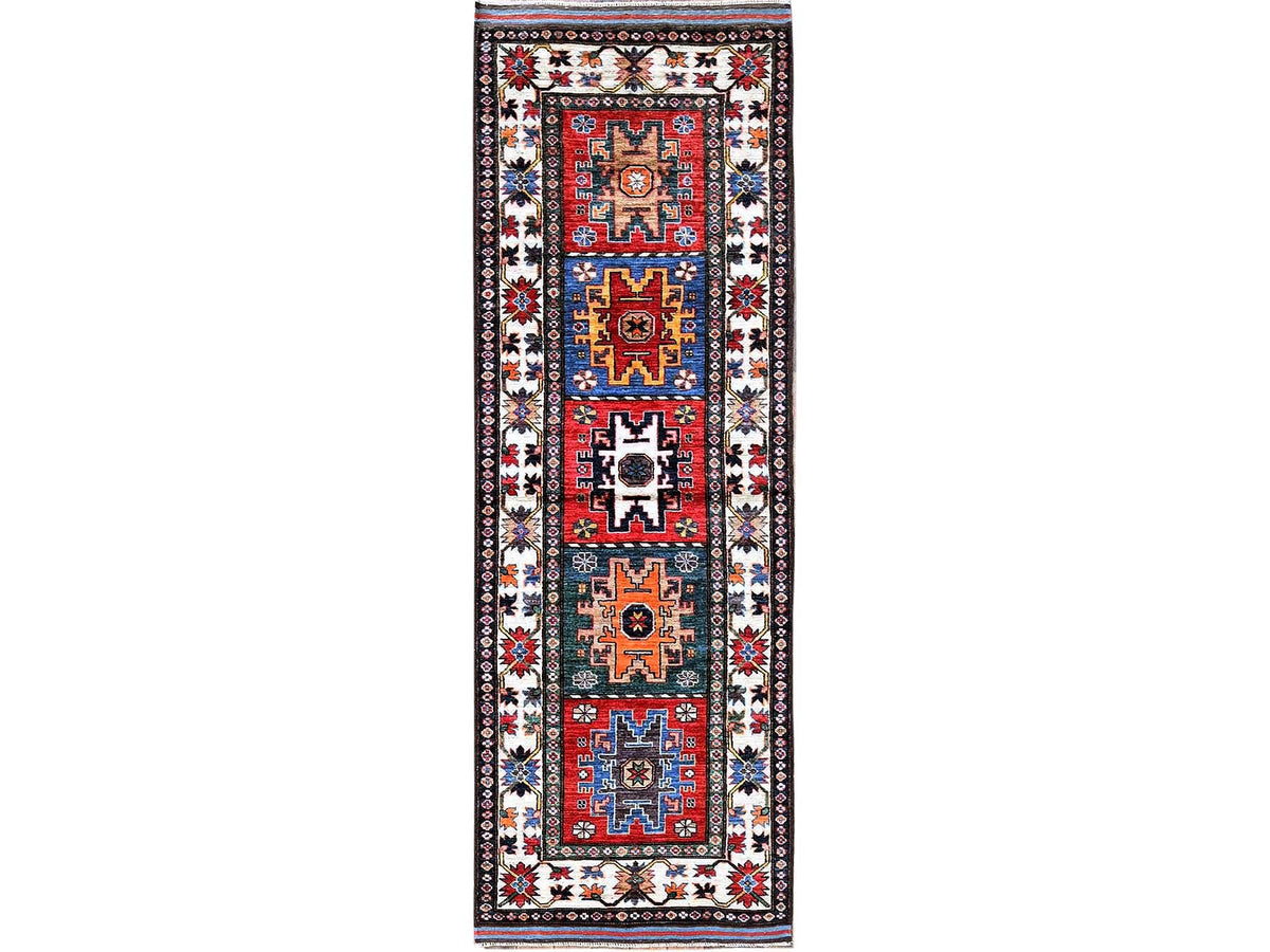 Ersari Kazak hand-knotted wool runner in Red & Ivory, 2'8" x 7'7" — SKU O0617