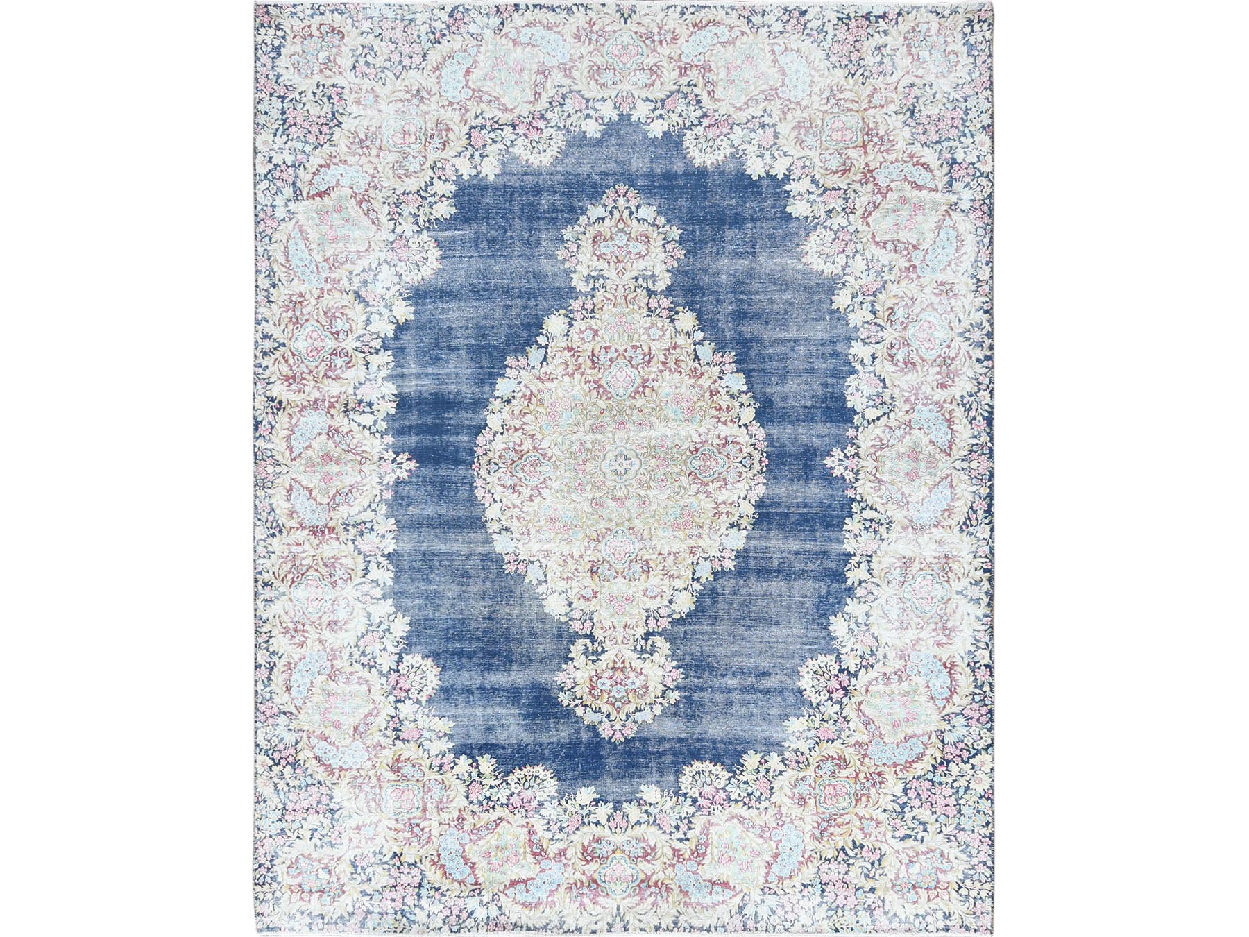 Kerman Vintage hand-knotted worn wool rug in Blue & Ivory, 8'6" x 11'2" — SKU O061801