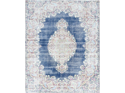 Kerman Vintage hand-knotted worn wool rug in Blue & Ivory, 8'6" x 11'2" — SKU O061801