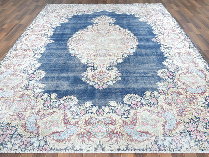 Kerman Vintage hand-knotted worn wool rug in Blue & Ivory, 8'6" x 11'2" — SKU O061801 (view 2)