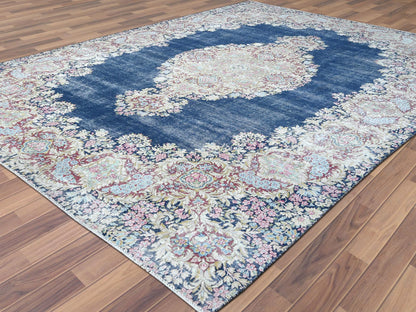 Kerman Vintage hand-knotted worn wool rug in Blue & Ivory, 8'6" x 11'2" — SKU O061801 (view 3)