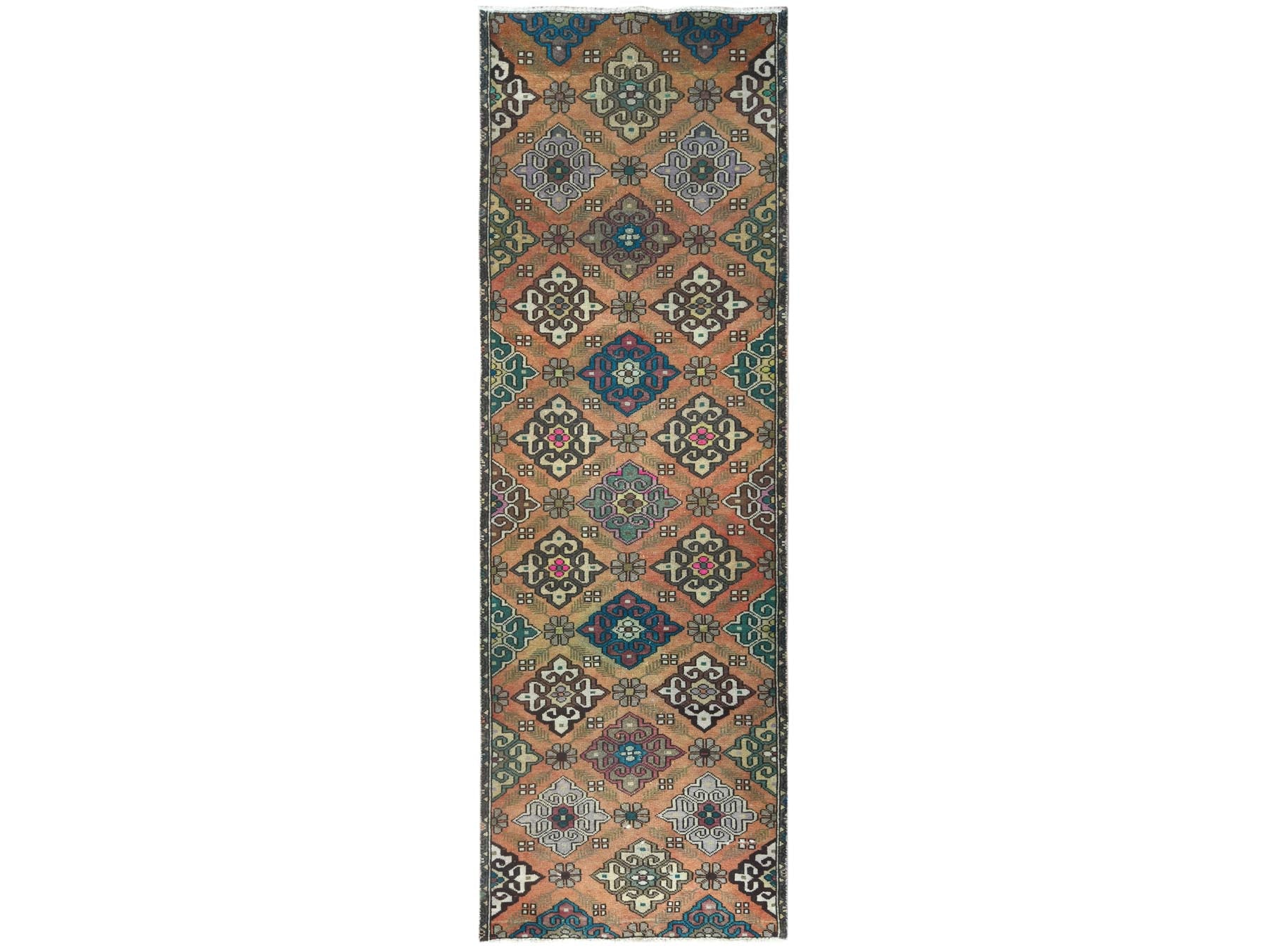Vintage hand-knotted worn wool runner in Orange, 3'3" x 10' — SKU O061883