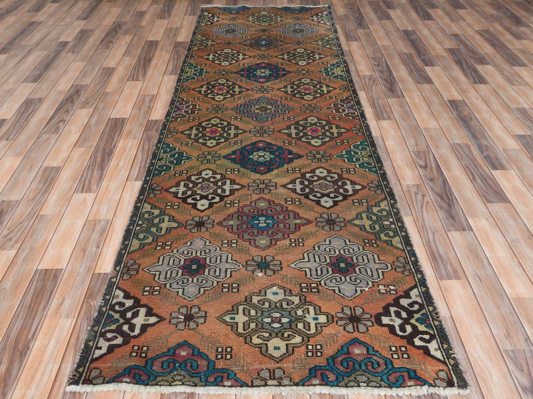 Vintage hand-knotted worn wool runner in Orange, 3'3" x 10' — SKU O061883 (view 2)