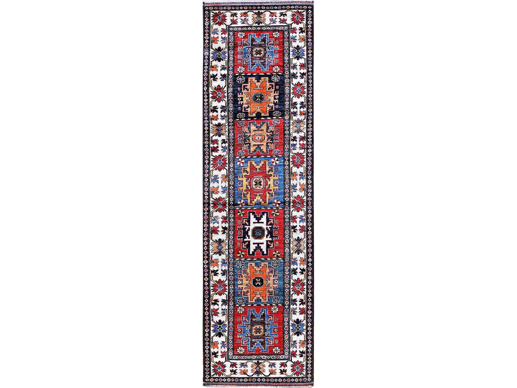 Ersari Kazak hand-knotted wool runner in Red & Ivory, 2'10" x 9'8" — SKU O0618