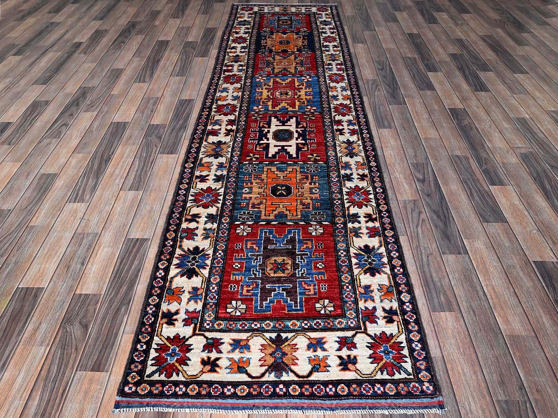 Ersari Kazak hand-knotted wool runner in Red & Ivory, 2'10" x 9'8" — SKU O0618 (view 2)