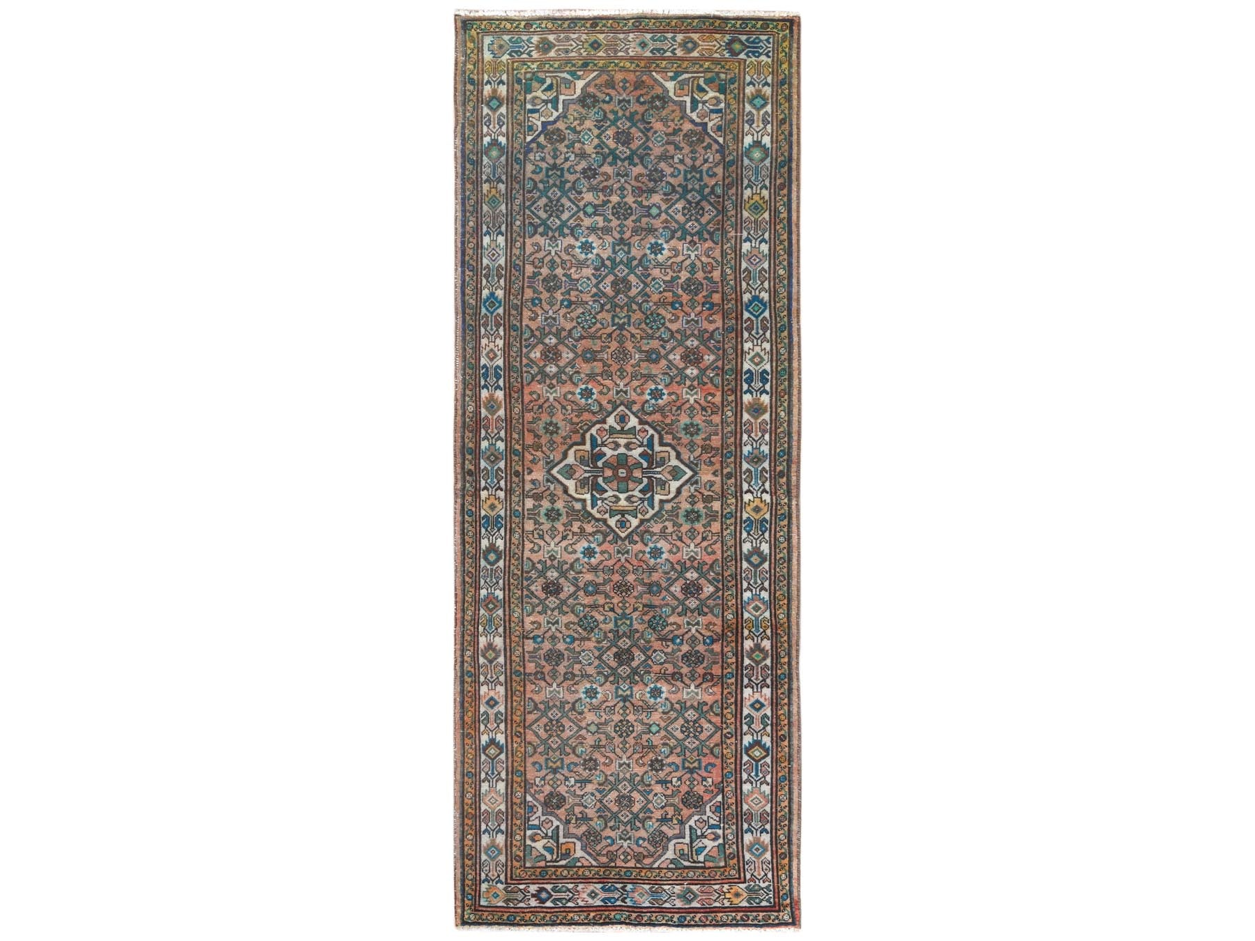 Vintage hand-knotted worn wool runner in Red & Ivory, 3'6" x 9'7" — SKU O061946