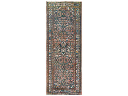 Vintage hand-knotted worn wool runner in Red & Ivory, 3'6" x 9'7" — SKU O061946