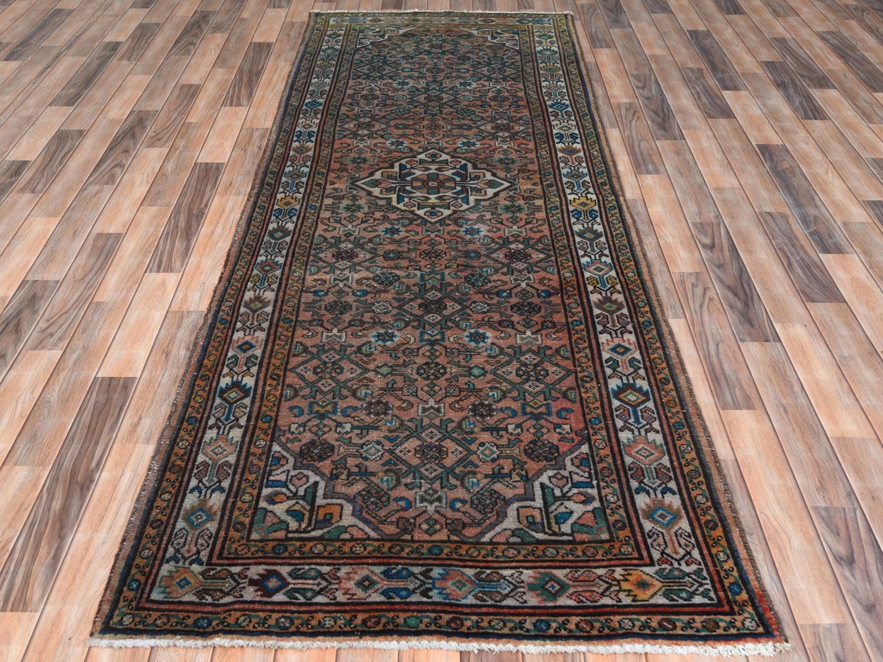 Vintage hand-knotted worn wool runner in Red & Ivory, 3'6" x 9'7" — SKU O061946 (view 2)