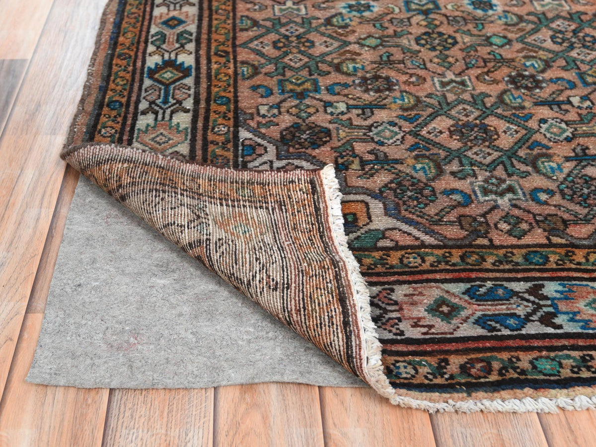 Vintage hand-knotted worn wool runner in Red & Ivory, 3'6" x 9'7" — SKU O061946 (view 3)