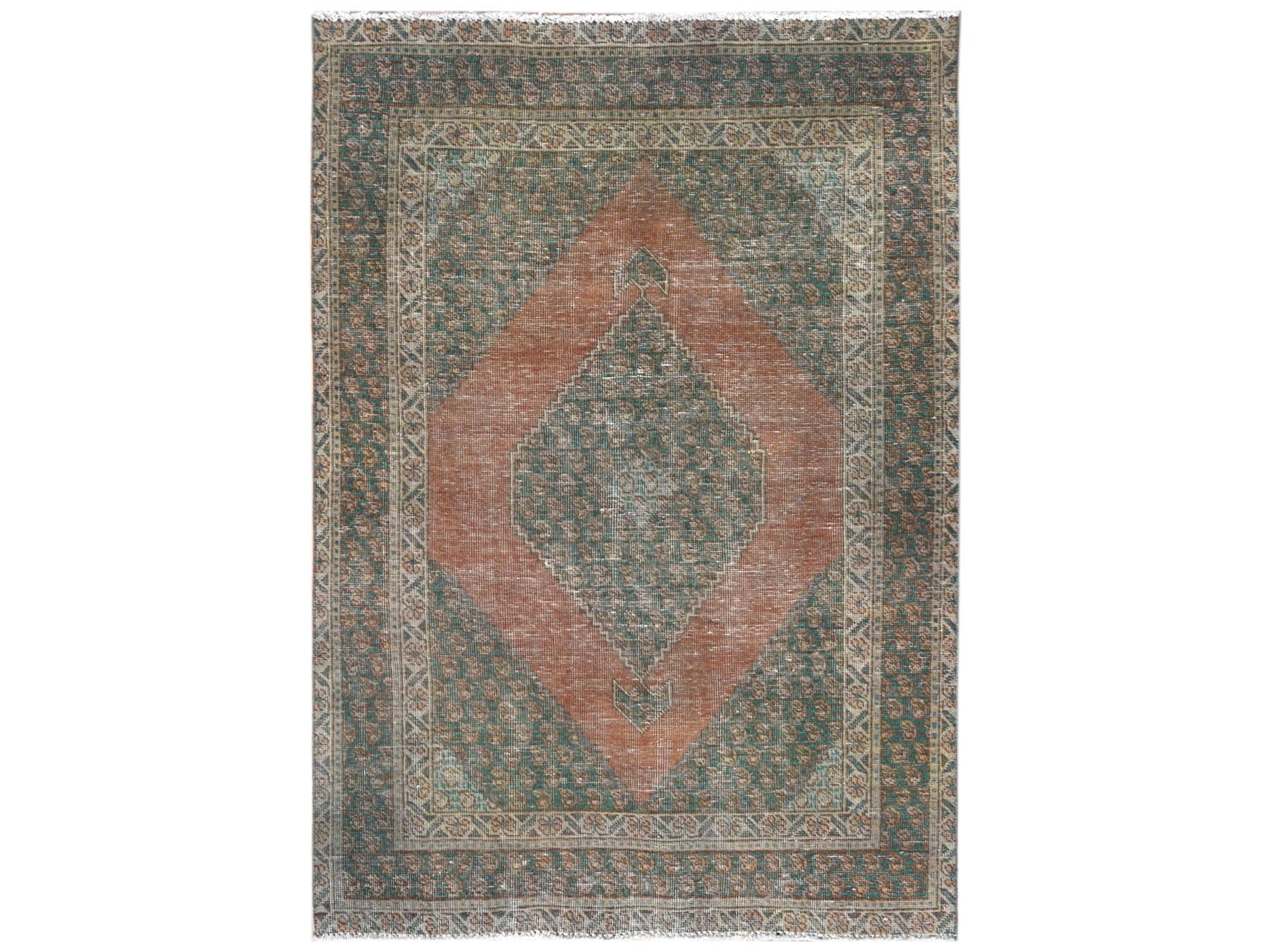 Shiraz Vintage hand-knotted worn wool rug in Brown & Green, 4'1" x 6' — SKU O061953