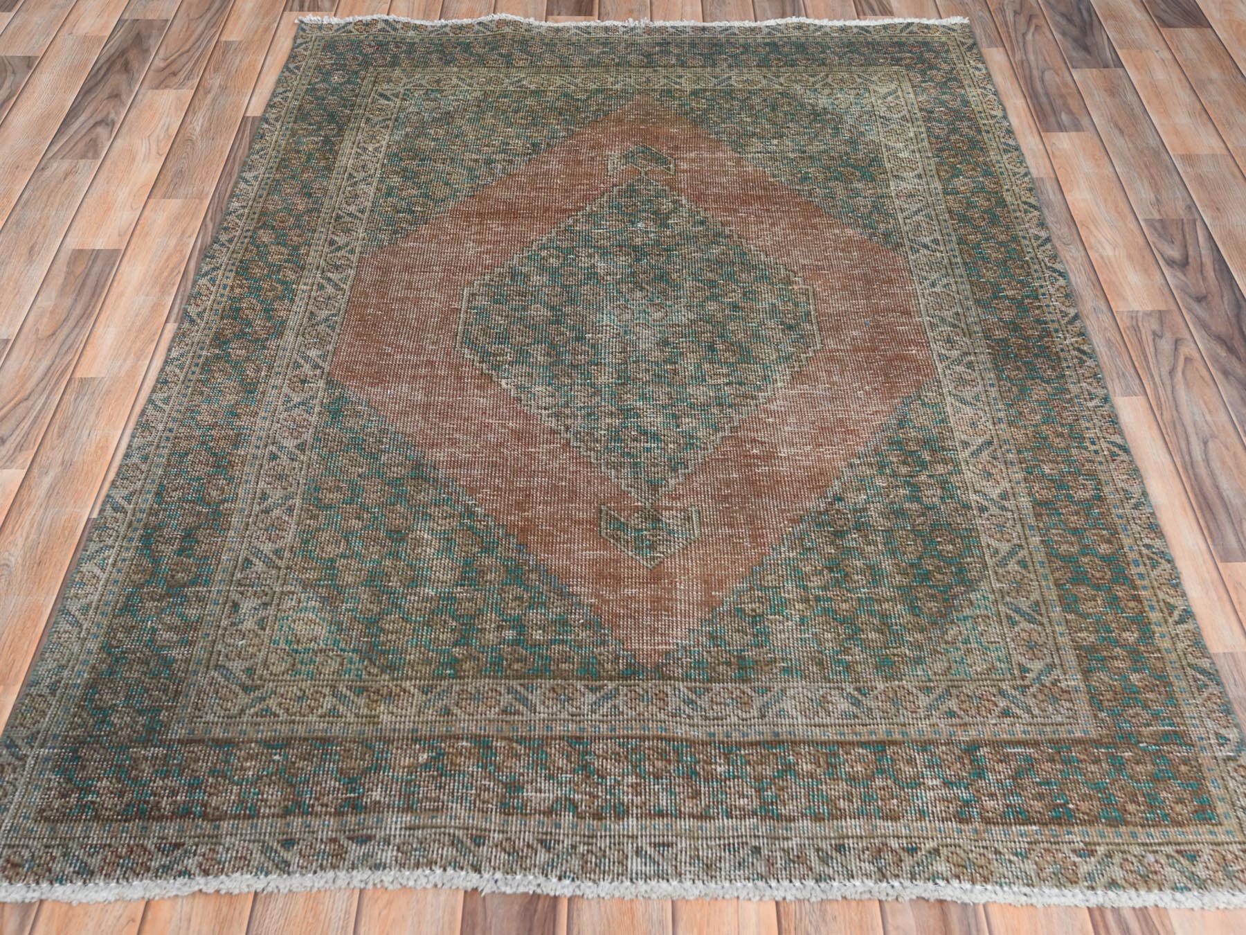 Shiraz Vintage hand-knotted worn wool rug in Brown & Green, 4'1" x 6' — SKU O061953 (view 2)