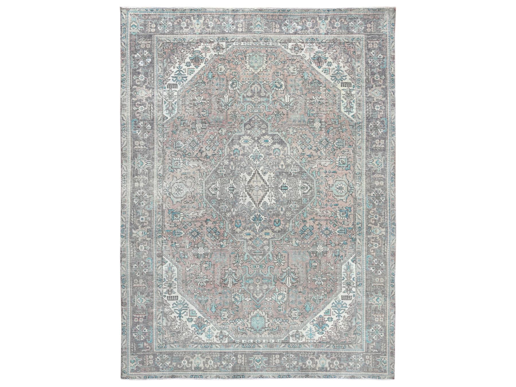 Tabriz Vintage hand-knotted worn wool rug in Orange & Purple, 8' x 10'8" — SKU O061978
