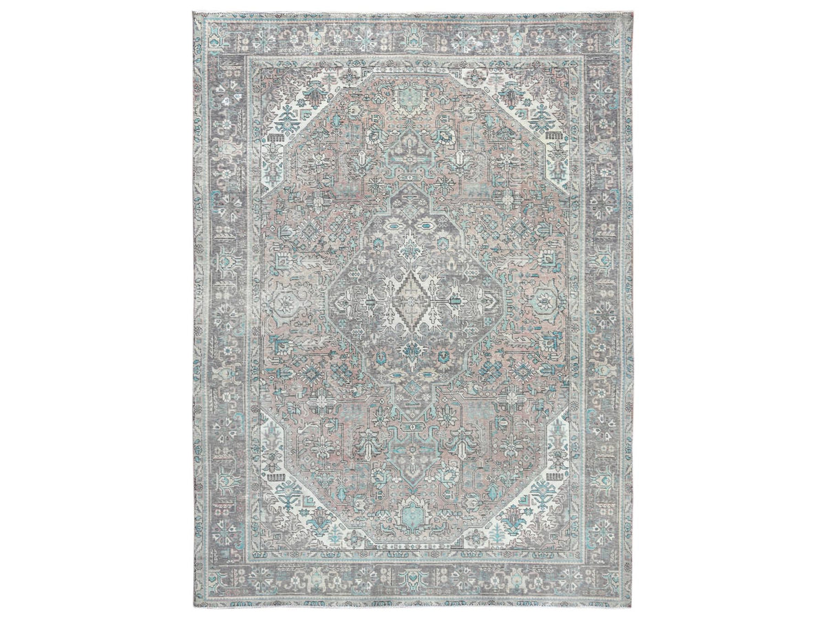 Tabriz Vintage hand-knotted worn wool rug in Orange & Purple, 8' x 10'8" — SKU O061978