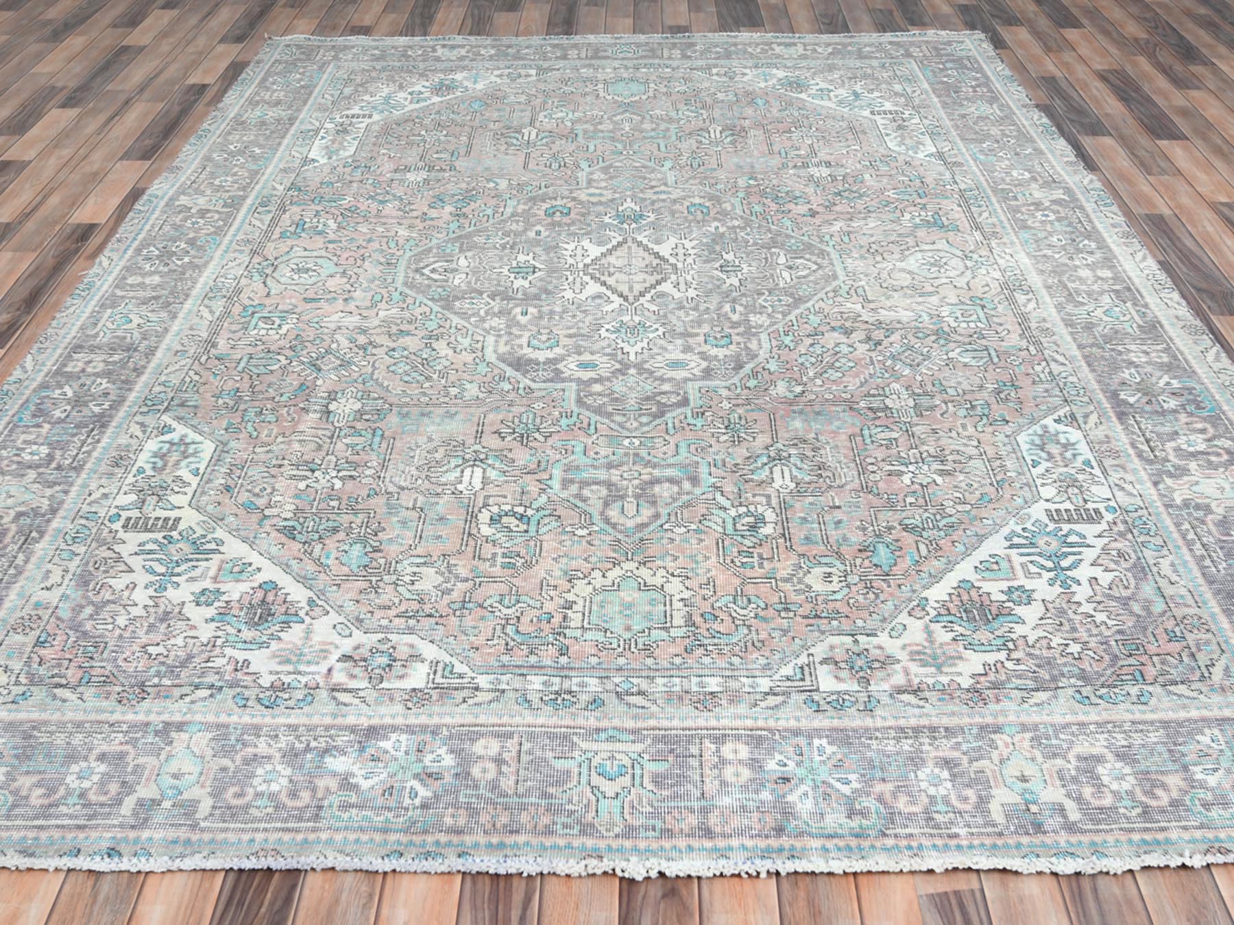 Tabriz Vintage hand-knotted worn wool rug in Orange & Purple, 8' x 10'8" — SKU O061978 (view 2)