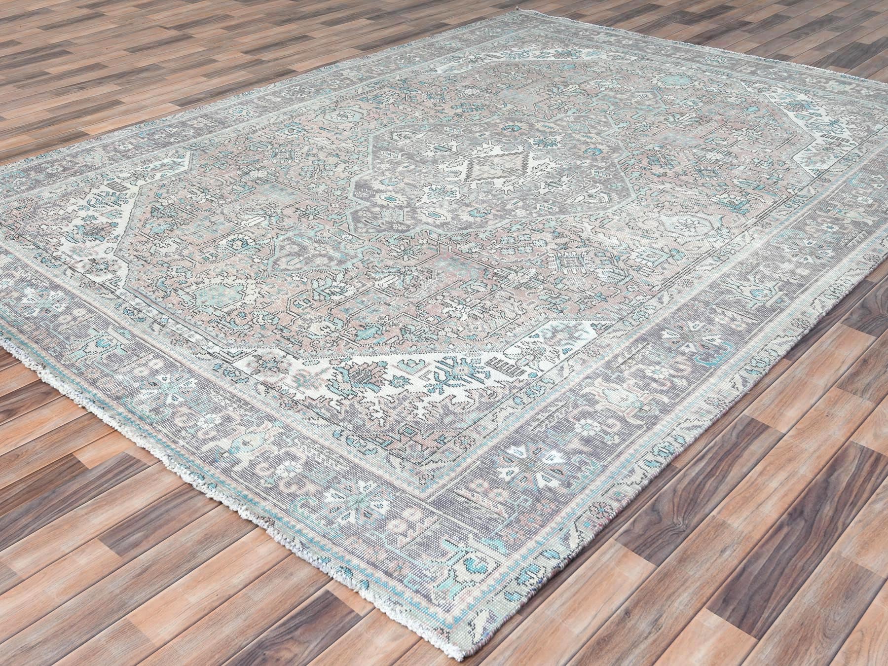 Tabriz Vintage hand-knotted worn wool rug in Orange & Purple, 8' x 10'8" — SKU O061978 (view 3)
