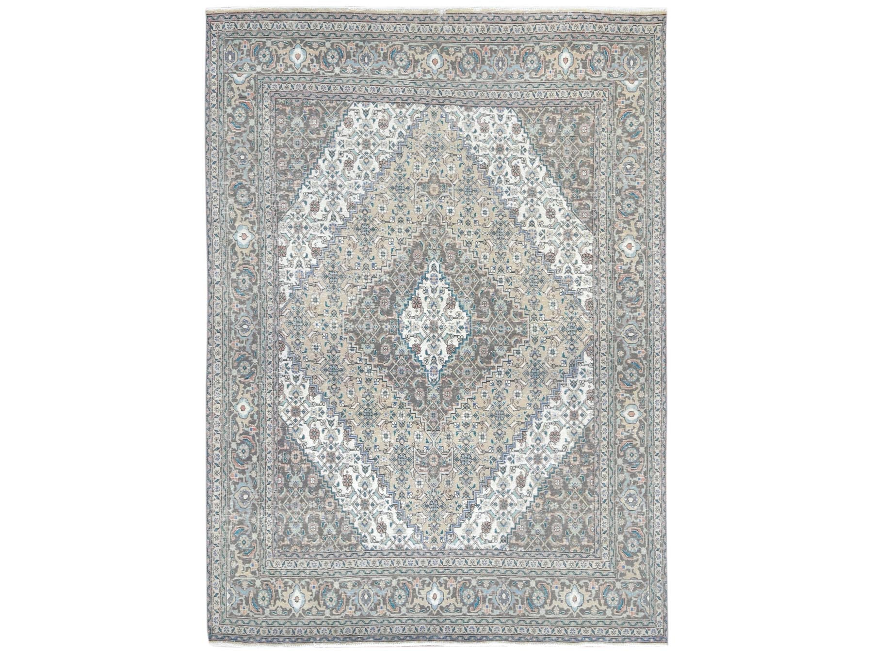 Tabriz Vintage hand-knotted worn wool rug in Ivory & Brown, 7'1" x 9'9" — SKU O061989