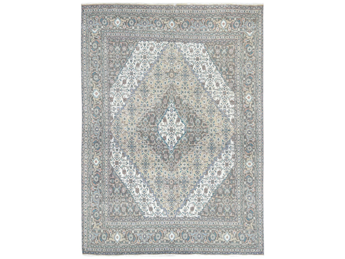 Tabriz Vintage hand-knotted worn wool rug in Ivory & Brown, 7'1" x 9'9" — SKU O061989
