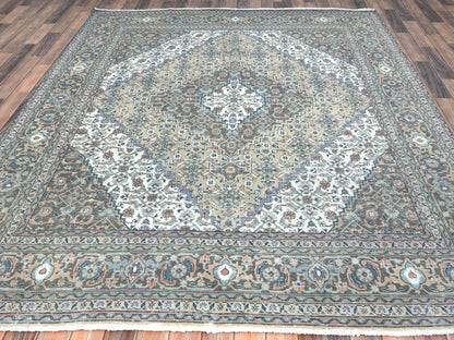 Tabriz Vintage hand-knotted worn wool rug in Ivory & Brown, 7'1" x 9'9" — SKU O061989 (view 2)