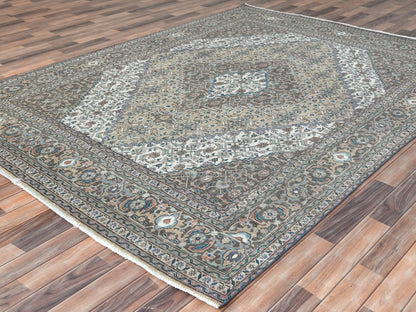Tabriz Vintage hand-knotted worn wool rug in Ivory & Brown, 7'1" x 9'9" — SKU O061989 (view 3)