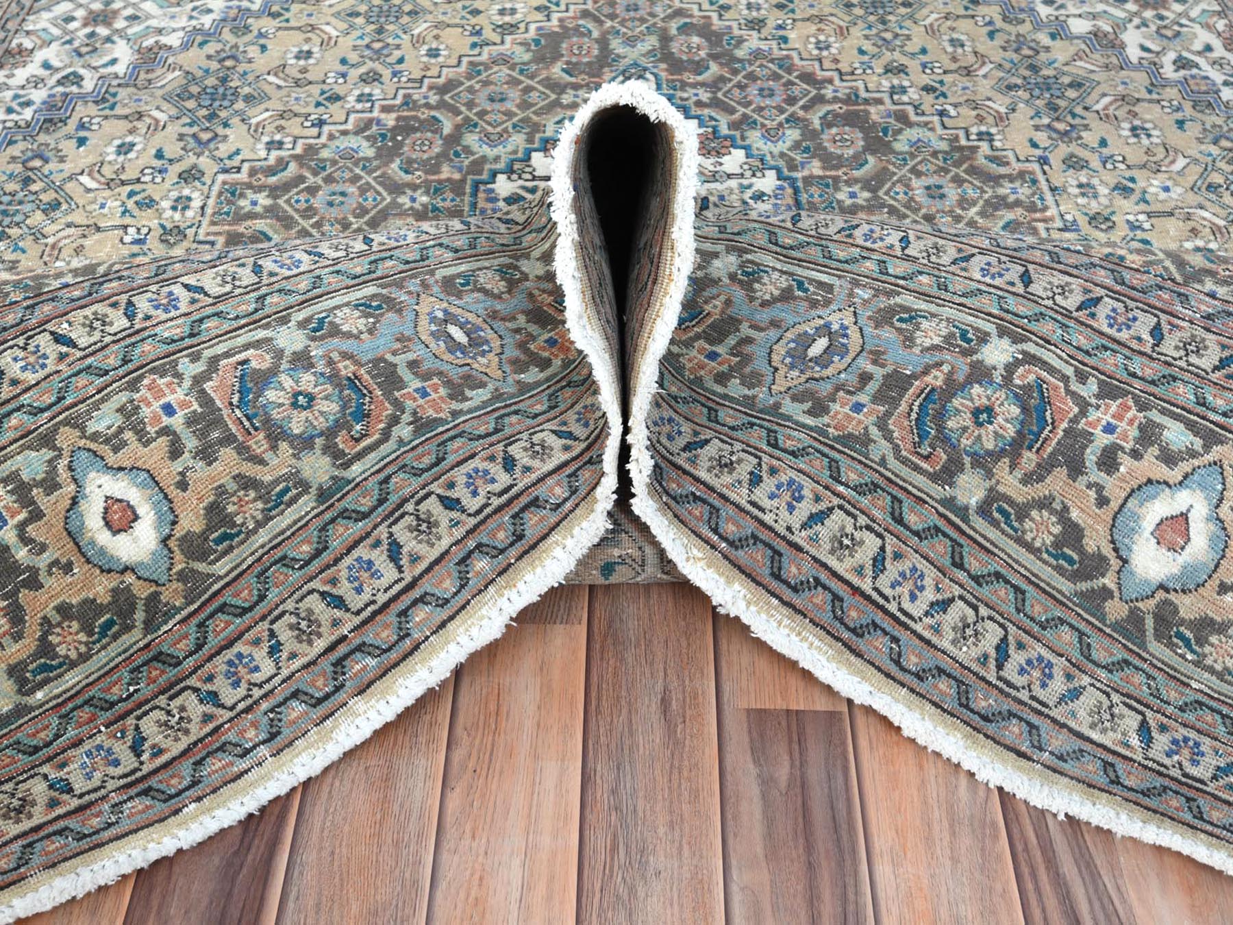 Tabriz Vintage hand-knotted worn wool rug in Ivory & Brown, 7'1" x 9'9" — SKU O061989 (view 5)