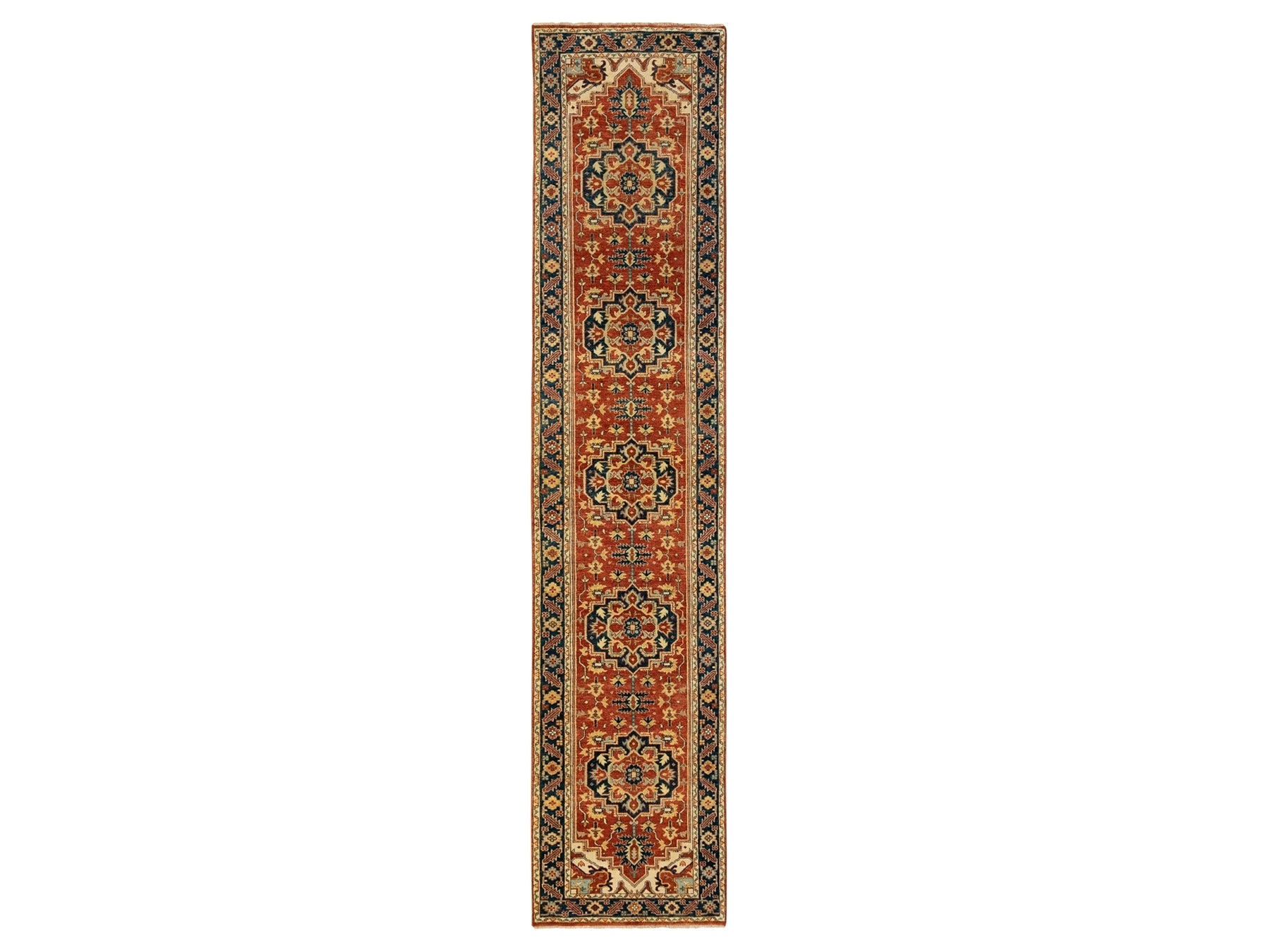 Heriz Heriz hand-knotted wool runner in Red & Navy Blue, 2'6" x 12'2" — SKU O062011