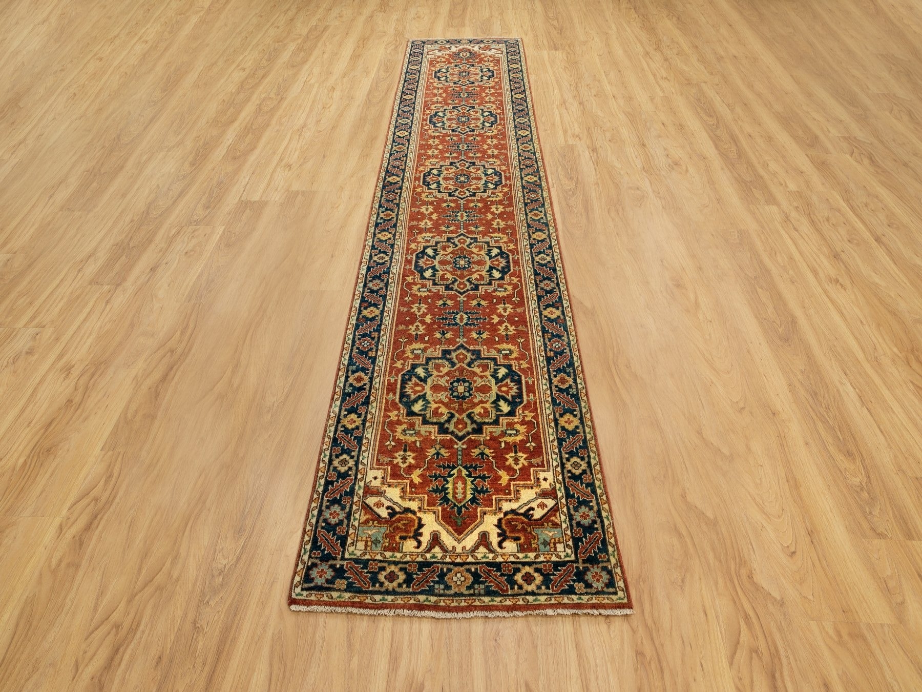 Heriz Heriz hand-knotted wool runner in Red & Navy Blue, 2'6" x 12'2" — SKU O062011 (view 2)