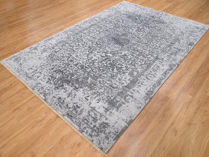 Grey 6'1" x 9'2" Transitional Hand knotted Wool/Silk Rug - Sku: O062094