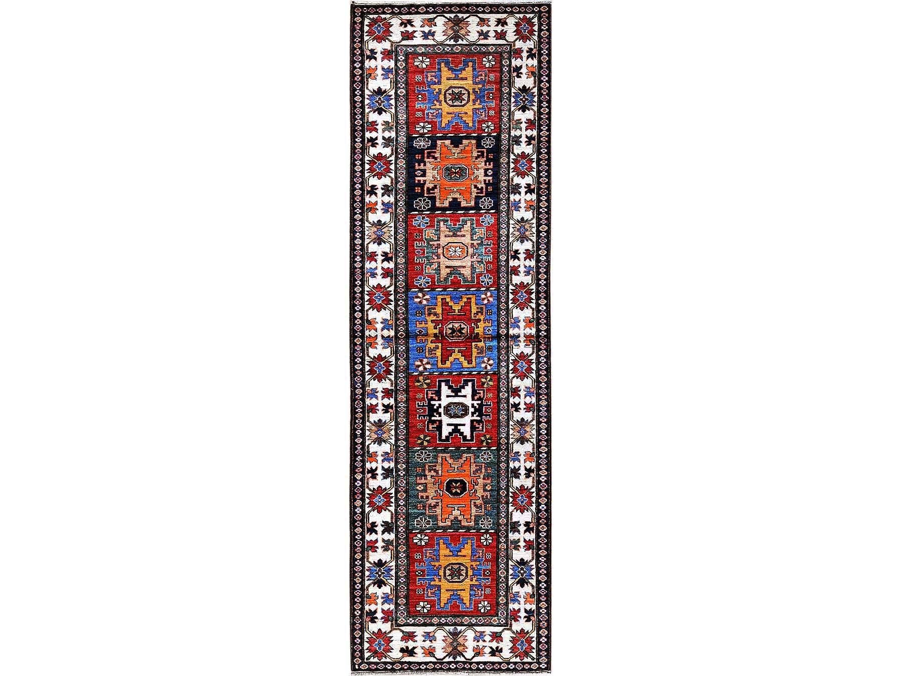Ersari Kazak hand-knotted wool runner in Red & Ivory, 2'8" x 9'2" — SKU O0620