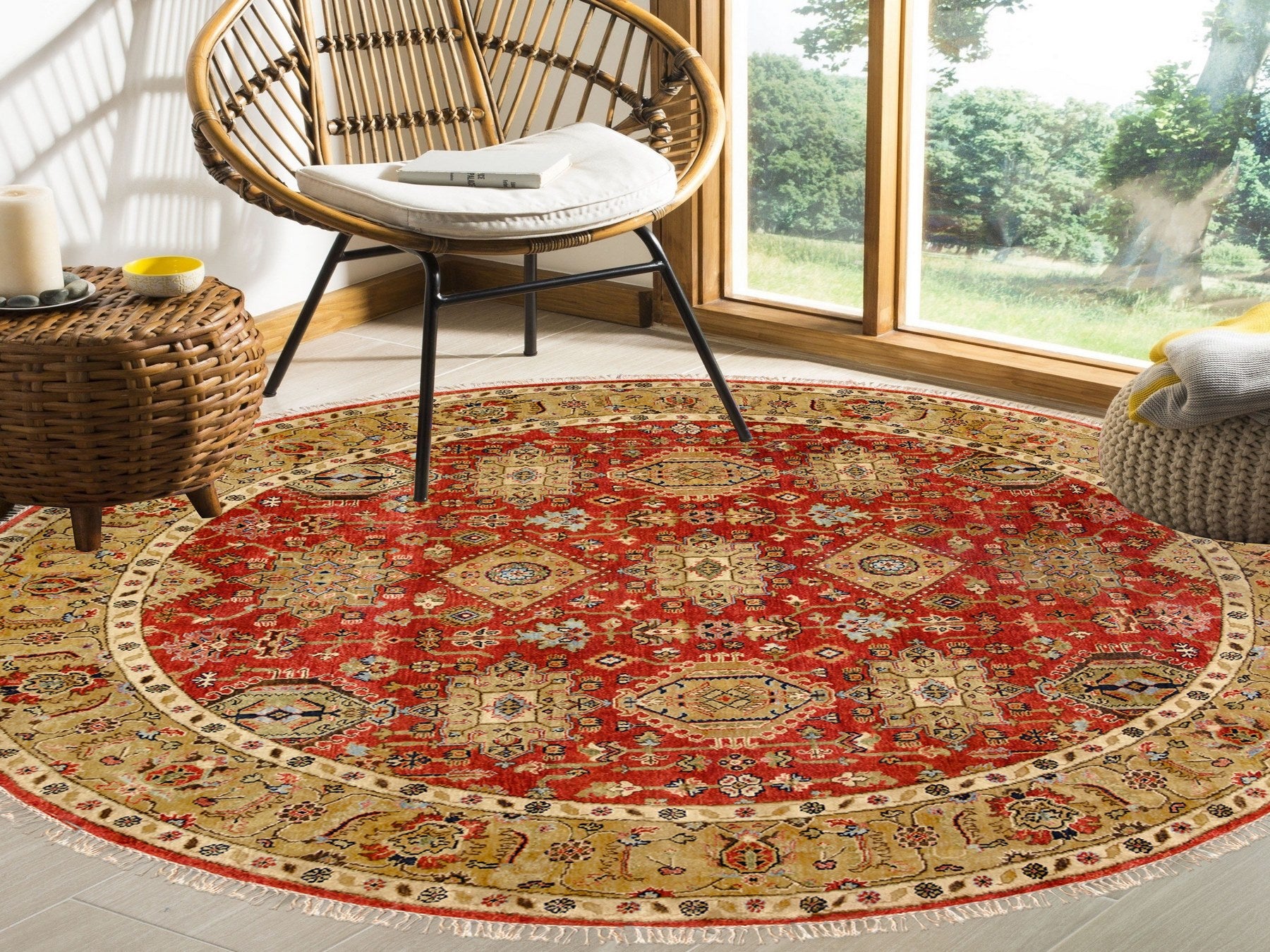 Heriz hand-knotted wool rug in Red & Gold, 7'9" x 7'9" — SKU O062132 (view 2)