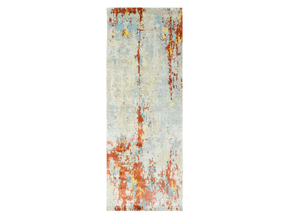 Orange 4'1" x 12'0" Modern / Contemporary Hand knotted Wool/Silk Rug - Sku: O062158