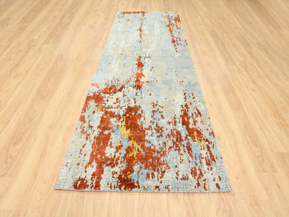 Orange 4'1" x 12'0" Modern / Contemporary Hand knotted Wool/Silk Rug - Sku: O062158