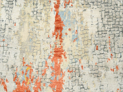 Orange 4'1" x 12'0" Modern / Contemporary Hand knotted Wool/Silk Rug - Sku: O062158
