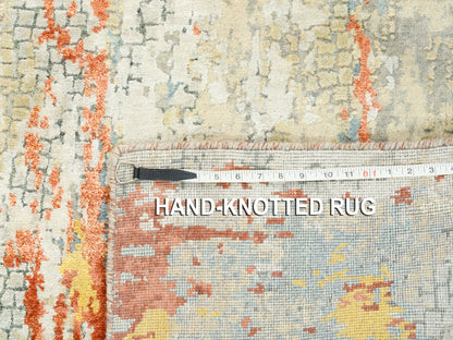 Orange 4'1" x 12'0" Modern / Contemporary Hand knotted Wool/Silk Rug - Sku: O062158