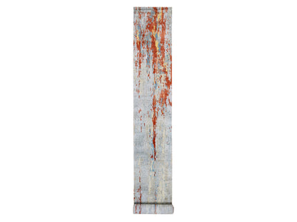Orange 2'7" x 20'0" Modern / Contemporary Hand knotted Wool/Silk Rug - Sku: O062172