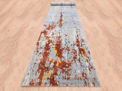 Orange 2'7" x 20'0" Modern / Contemporary Hand knotted Wool/Silk Rug - Sku: O062172