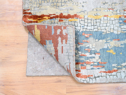 Orange 2'7" x 20'0" Modern / Contemporary Hand knotted Wool/Silk Rug - Sku: O062172