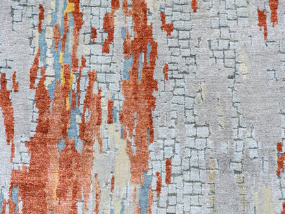Orange 2'7" x 20'0" Modern / Contemporary Hand knotted Wool/Silk Rug - Sku: O062172