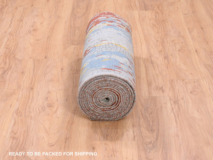Orange 2'7" x 20'0" Modern / Contemporary Hand knotted Wool/Silk Rug - Sku: O062172