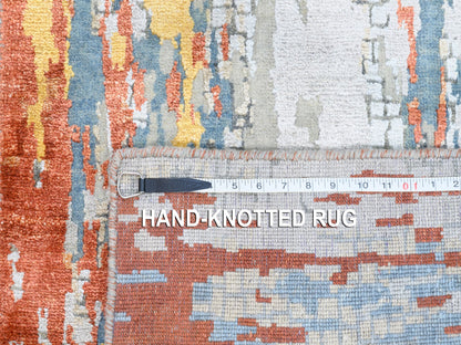 Orange 2'7" x 20'0" Modern / Contemporary Hand knotted Wool/Silk Rug - Sku: O062172