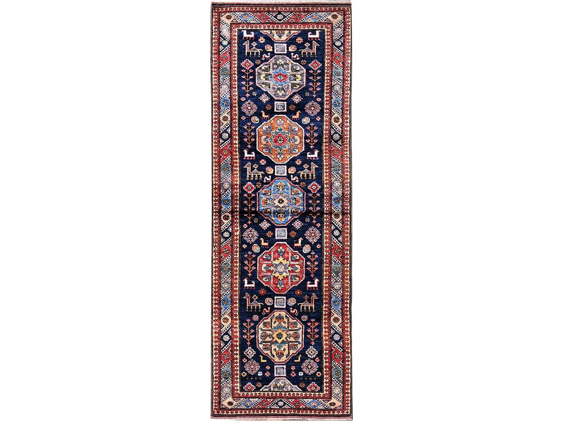 Ersari Kazak hand-knotted wool runner in Blue & Multicolor, 2'9" x 8'4" — SKU O0621