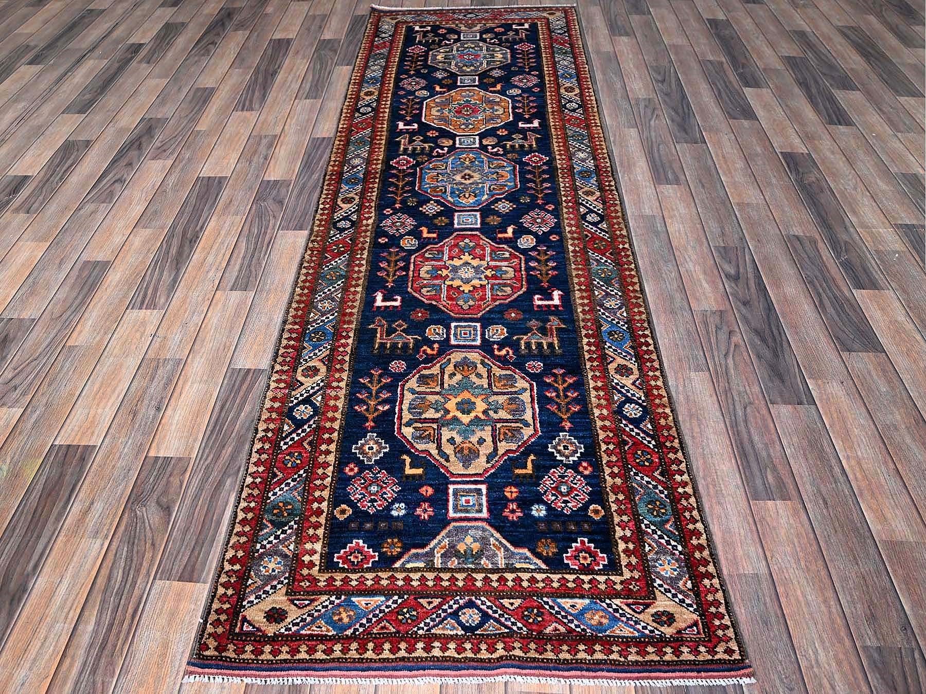 Ersari Kazak hand-knotted wool runner in Blue & Multicolor, 2'9" x 8'4" — SKU O0621 (view 2)