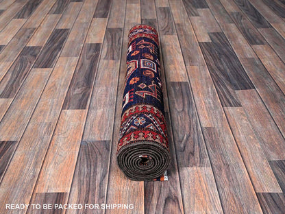 Blue 2'9" x 8'4" Kazak Hand knotted Wool Rug - Sku: O0621
