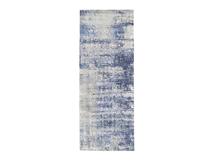 Modern / Contemporary hand-knotted wool/silk runner in Blue, 3'10" x 10'3" — SKU O062260