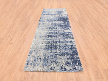 Modern / Contemporary hand-knotted wool/silk runner in Blue, 3'10" x 10'3" — SKU O062260 (view 2)