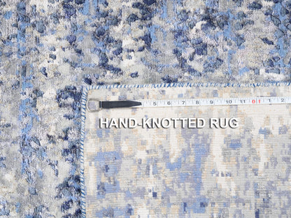 Modern / Contemporary hand-knotted wool/silk runner in Blue, 3'10" x 10'3" — SKU O062260 (view 8)