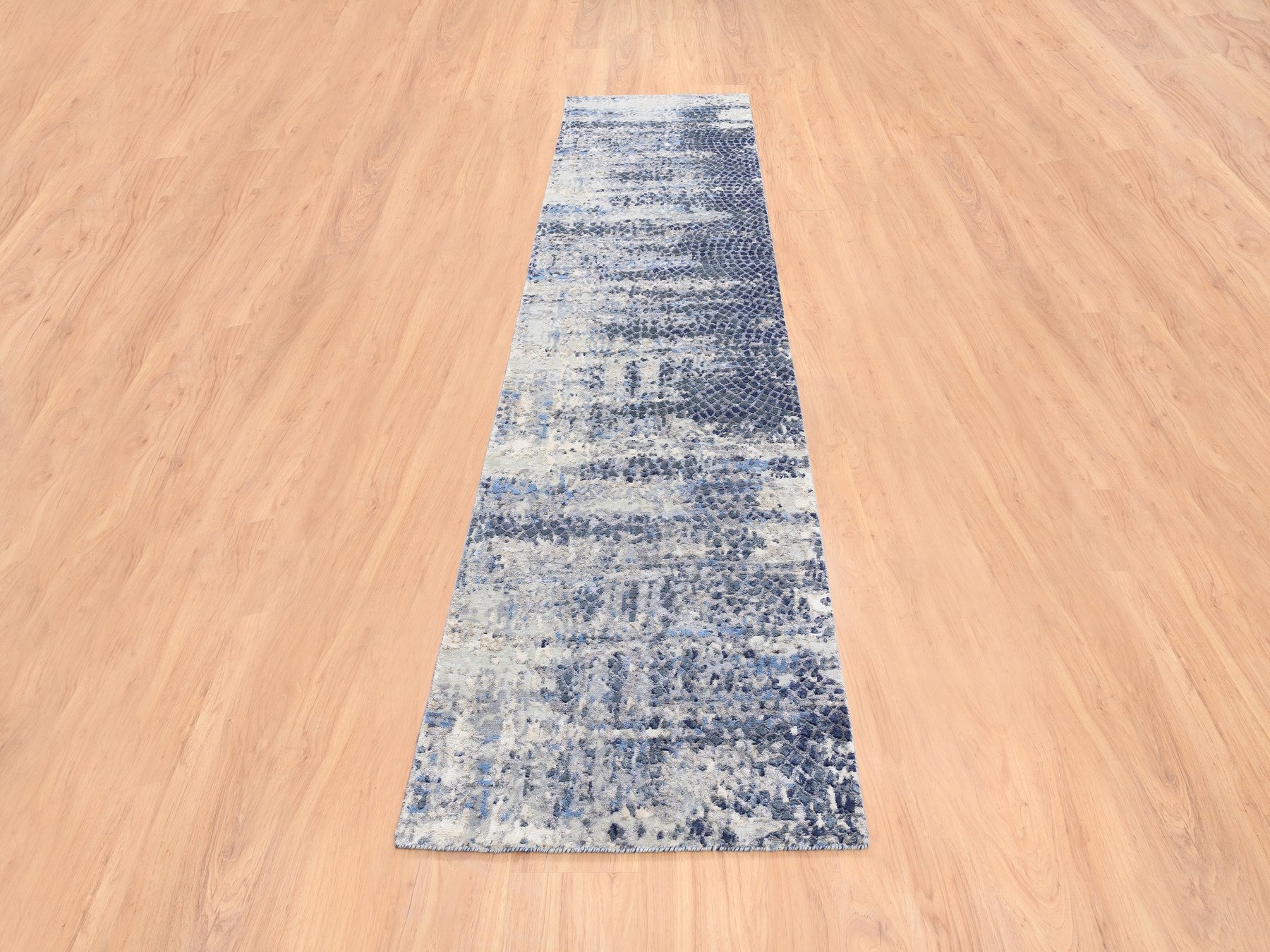 Modern / Contemporary hand-knotted wool/silk runner in Blue, 2'5" x 10' — SKU O062262 (view 2)