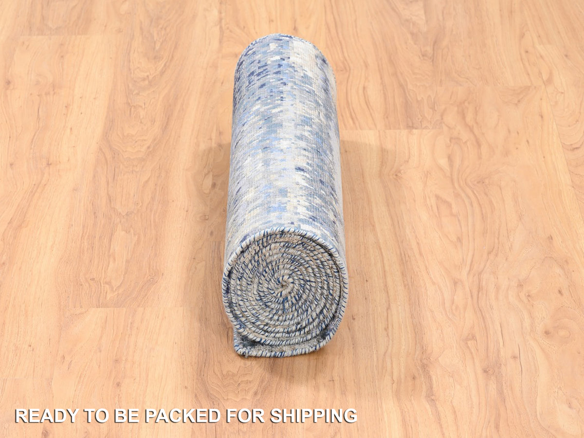 Modern / Contemporary hand-knotted wool/silk runner in Blue, 2'5" x 10' — SKU O062262 (view 6)