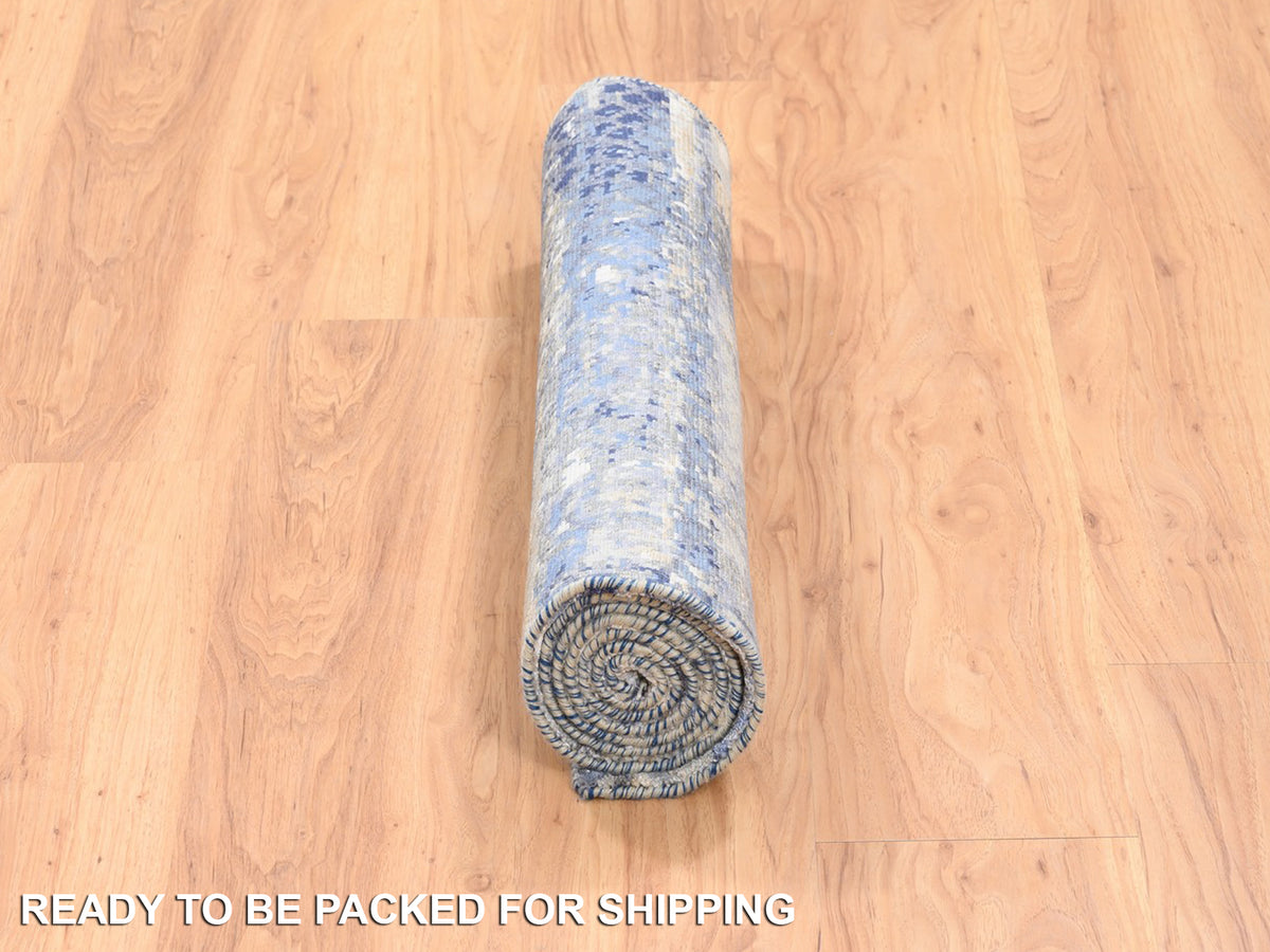 Modern / Contemporary hand-knotted wool/silk runner in Blue, 2'5" x 6'1" — SKU O062263 (view 6)