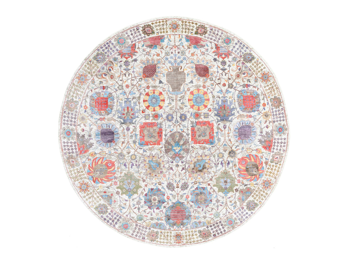 Tabriz Transitional hand-knotted wool/silk rug in Ivory, 10' x 10'1" — SKU O062272